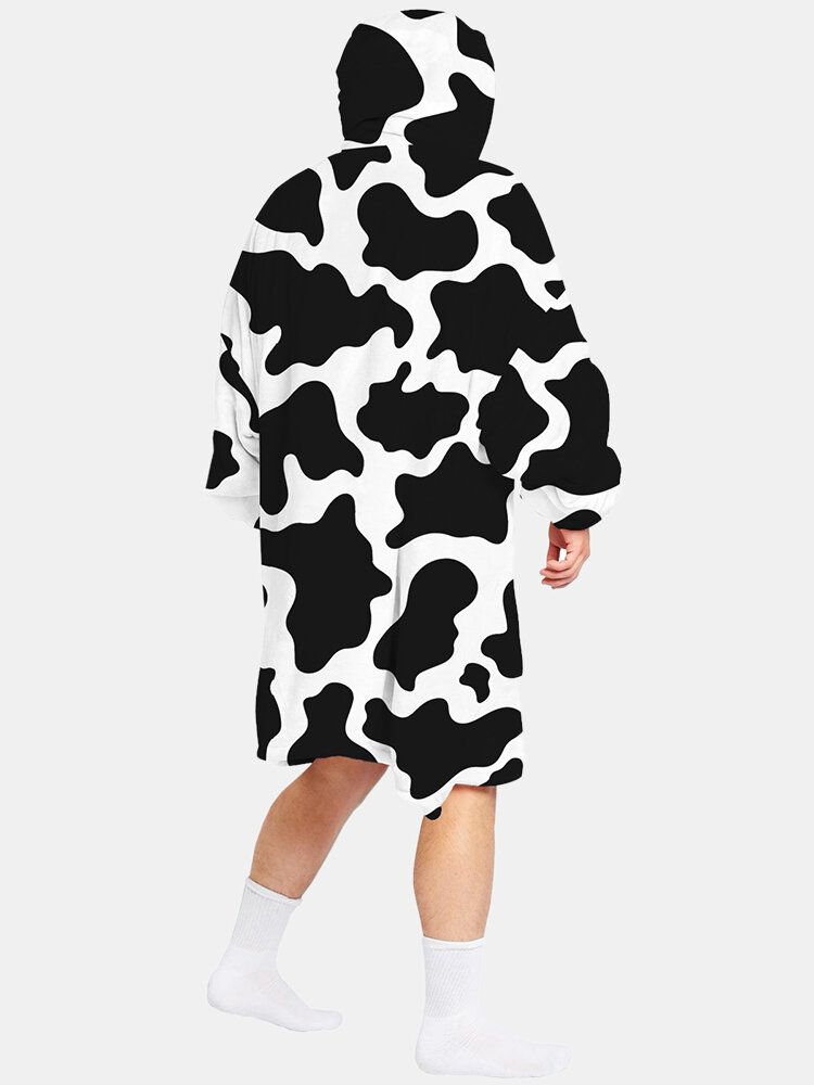 Mens Cow Pattern Print Flannel Couverture Surdimensionnée À Capuche Avec Poche