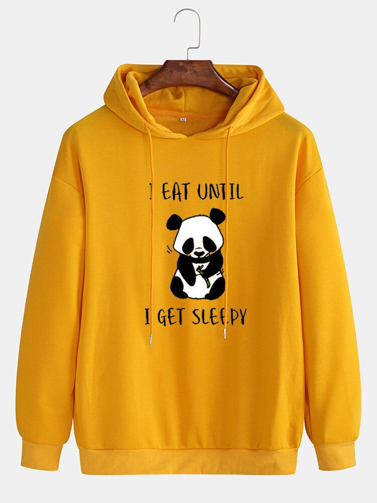 Mens Cute Cartoon Panda Slogan Print Drop Shoulder Drawstring Hoodies