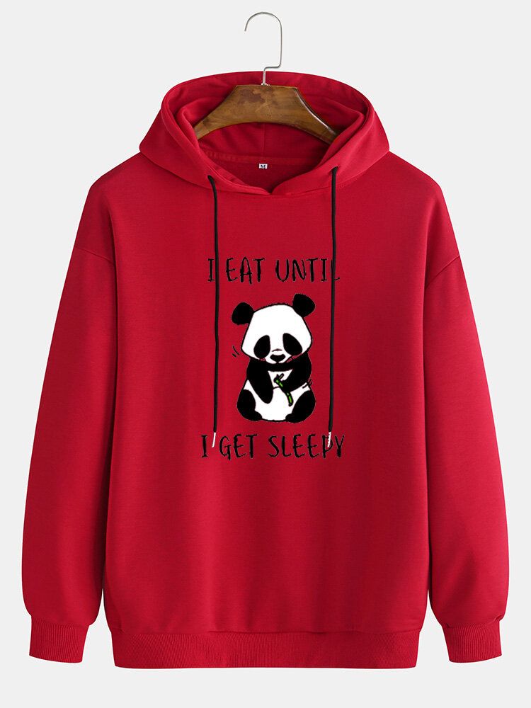 Mens Cute Cartoon Panda Slogan Print Drop Shoulder Drawstring Hoodies