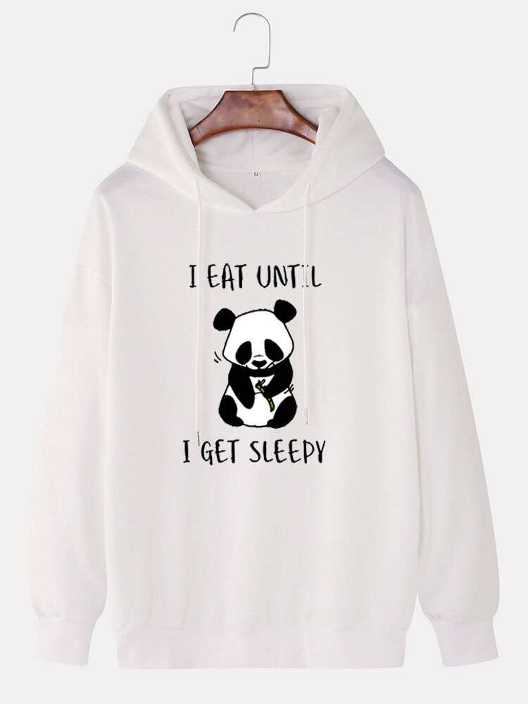 Mens Cute Cartoon Panda Slogan Print Drop Shoulder Drawstring Hoodies