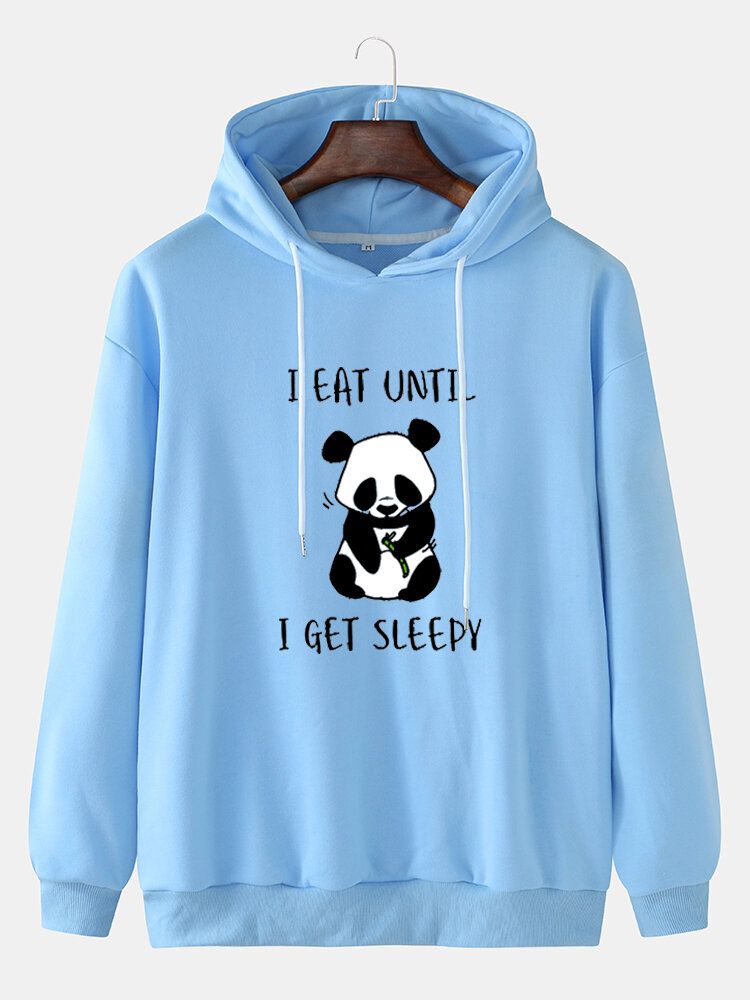 Mens Cute Cartoon Panda Slogan Print Drop Shoulder Drawstring Hoodies