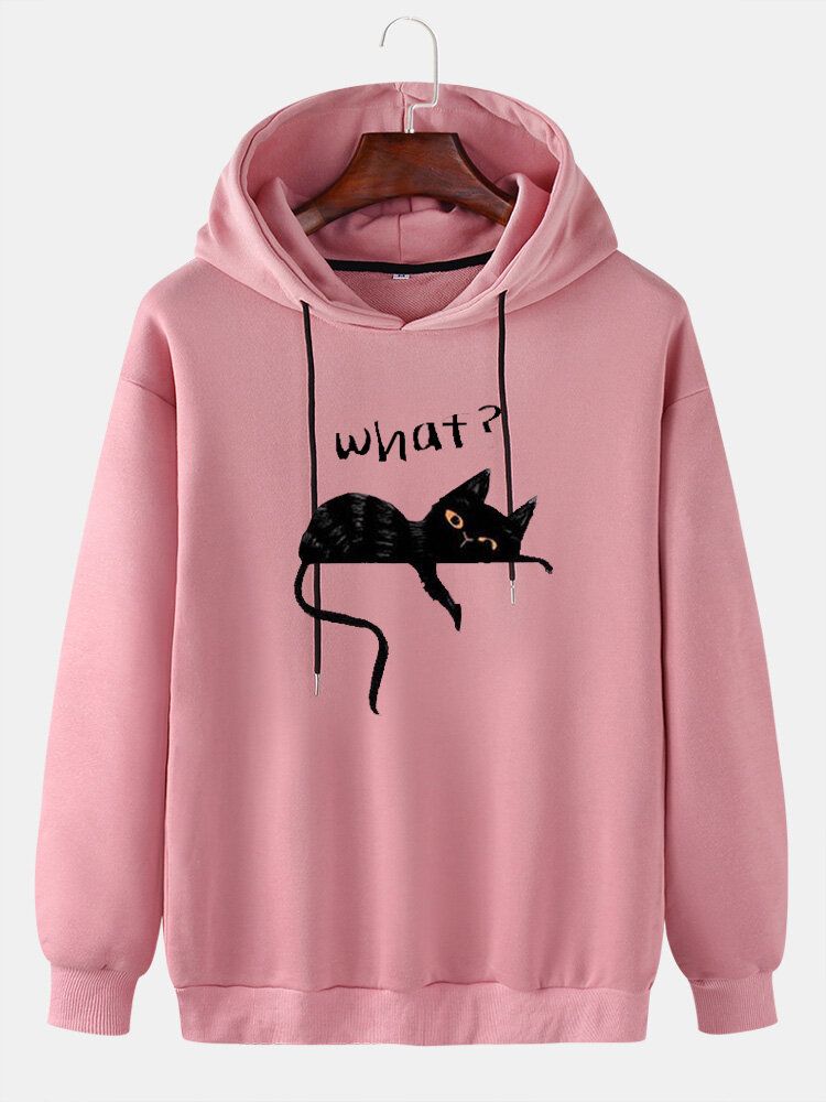 Mens Cute Cat Letter Print Drop Shoulder Casual Drawstring Hoodies