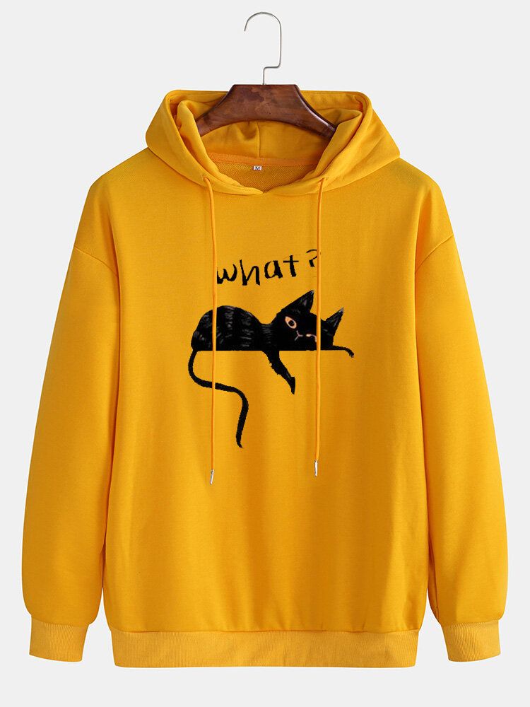 Mens Cute Cat Letter Print Drop Shoulder Casual Drawstring Hoodies