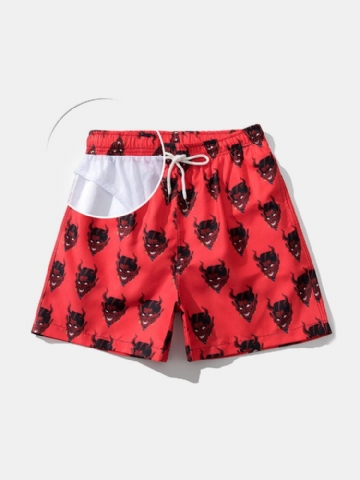 Mens Demon Print Mesh Lined Beach Holiday Mince Quick Dry Loose Drawstring Board Shorts