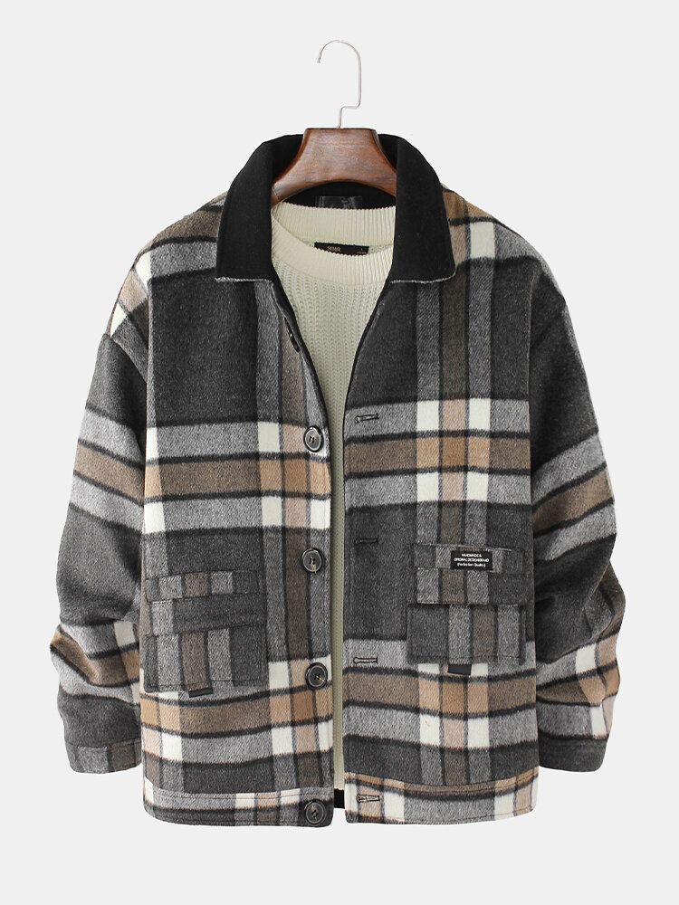 Mens Design Plaid Épaissir À Manches Longues Duffle Jacket Chaud Avec Poche