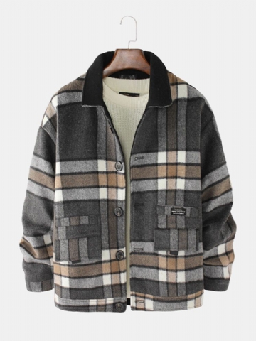 Mens Design Plaid Épaissir À Manches Longues Duffle Jacket Chaud Avec Poche