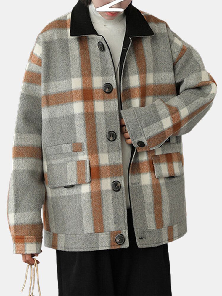 Mens Design Plaid Épaissir À Manches Longues Duffle Jacket Chaud Avec Poche