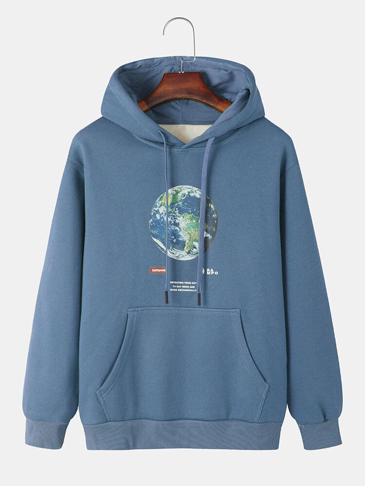 Mens Earth Letter Print Cotton Warm Drawstring Overhead Hoodies