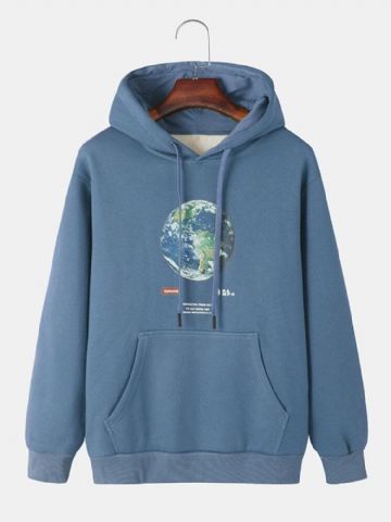 Mens Earth Letter Print Cotton Warm Drawstring Overhead Hoodies