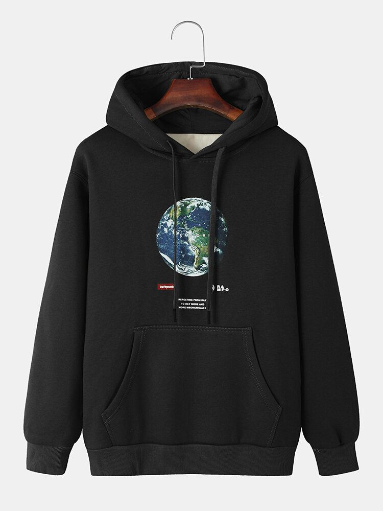 Mens Earth Letter Print Cotton Warm Drawstring Overhead Hoodies