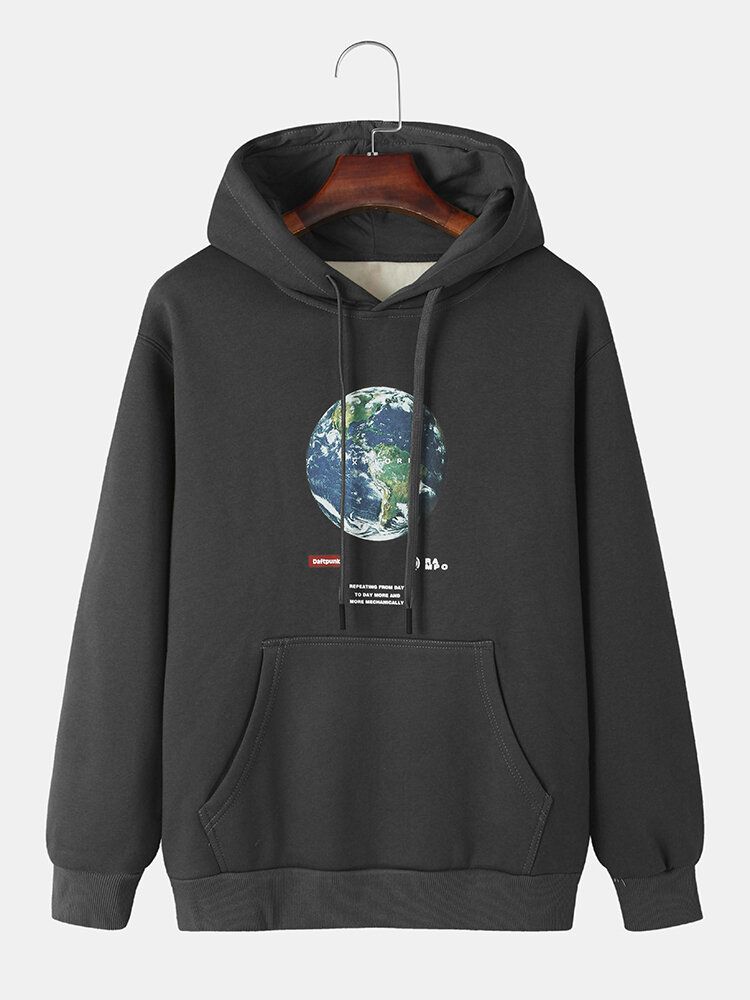 Mens Earth Letter Print Cotton Warm Drawstring Overhead Hoodies