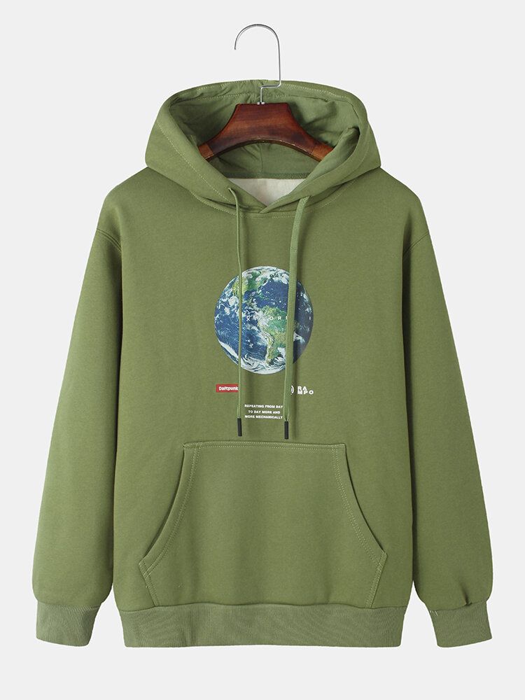 Mens Earth Letter Print Cotton Warm Drawstring Overhead Hoodies