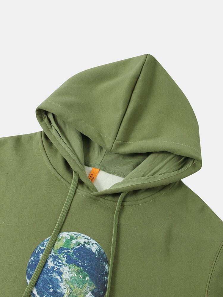 Mens Earth Letter Print Cotton Warm Drawstring Overhead Hoodies