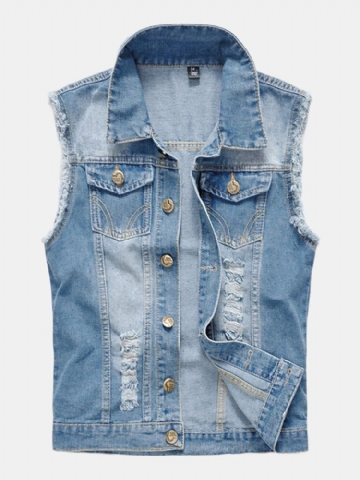 Mens Fashion Denim Double Poches Turn Down Collar Casual Vest