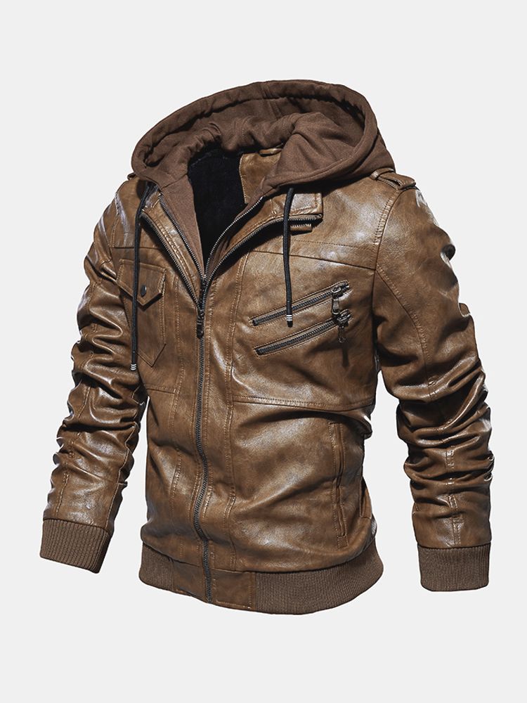 Mens Fashion Pu Hooded Zipper Pocket Jacket Warm Manteaux En Cuir Épaissi