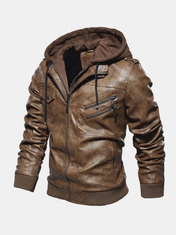 Mens Fashion Pu Hooded Zipper Pocket Jacket Warm Manteaux En Cuir Épaissi