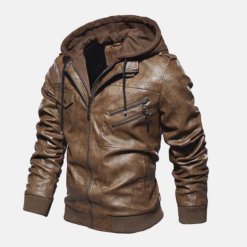 Mens Fashion Pu Hooded Zipper Pocket Jacket Warm Manteaux En Cuir Épaissi