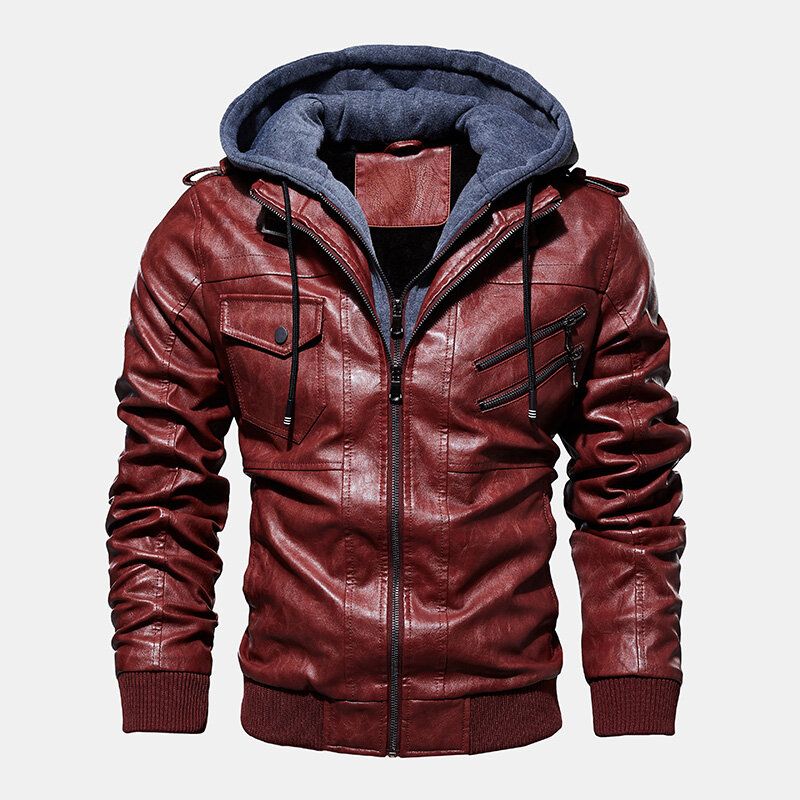 Mens Fashion Pu Hooded Zipper Pocket Jacket Warm Manteaux En Cuir Épaissi