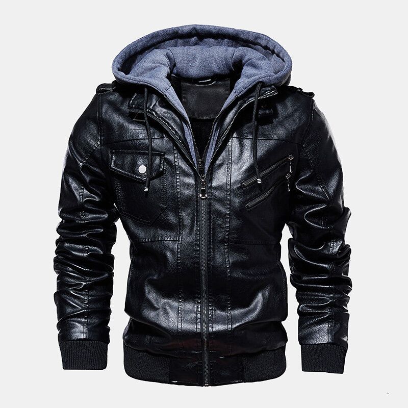 Mens Fashion Pu Hooded Zipper Pocket Jacket Warm Manteaux En Cuir Épaissi