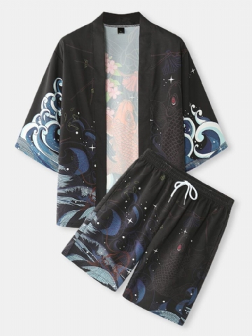 Mens Fish Cherry Blossoms Koi Back Print Kimono Japonais Deux Pièces Tenues