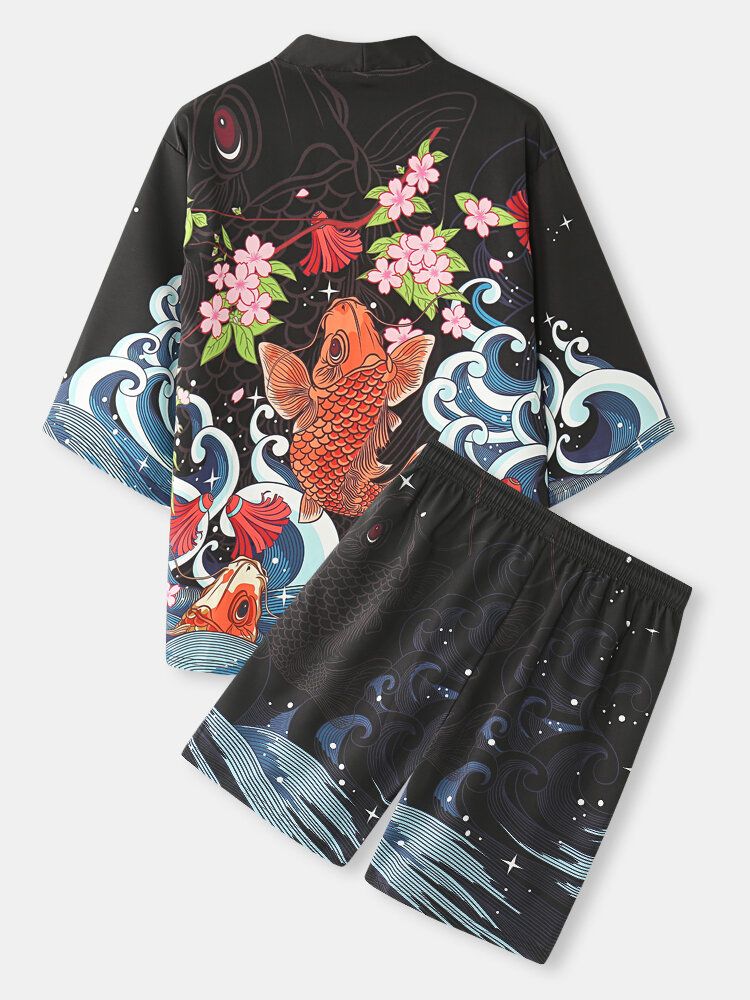 Mens Fish Cherry Blossoms Koi Back Print Kimono Japonais Deux Pièces Tenues