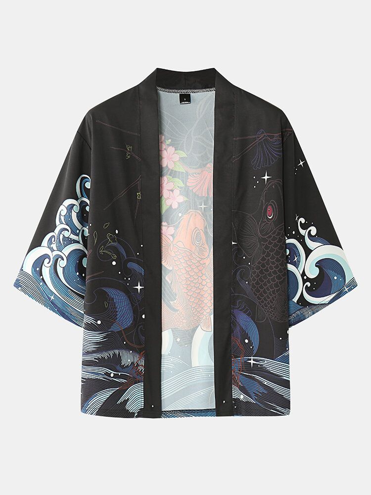 Mens Fish Cherry Blossoms Koi Back Print Kimono Japonais Deux Pièces Tenues