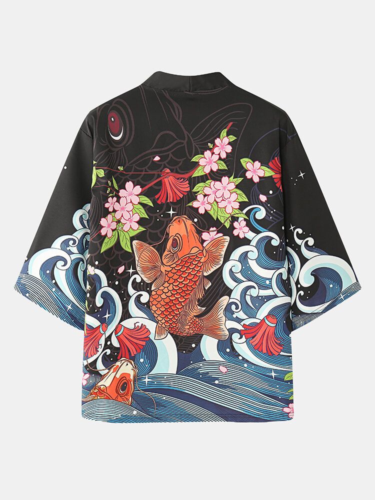 Mens Fish Cherry Blossoms Koi Back Print Kimono Japonais Deux Pièces Tenues