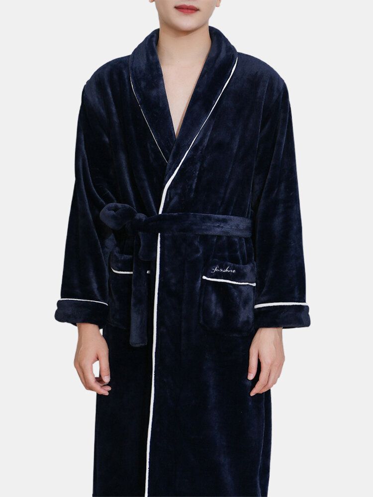 Mens Flannel Revers Double Pocket Warm Belted Robes With Contrast Binding