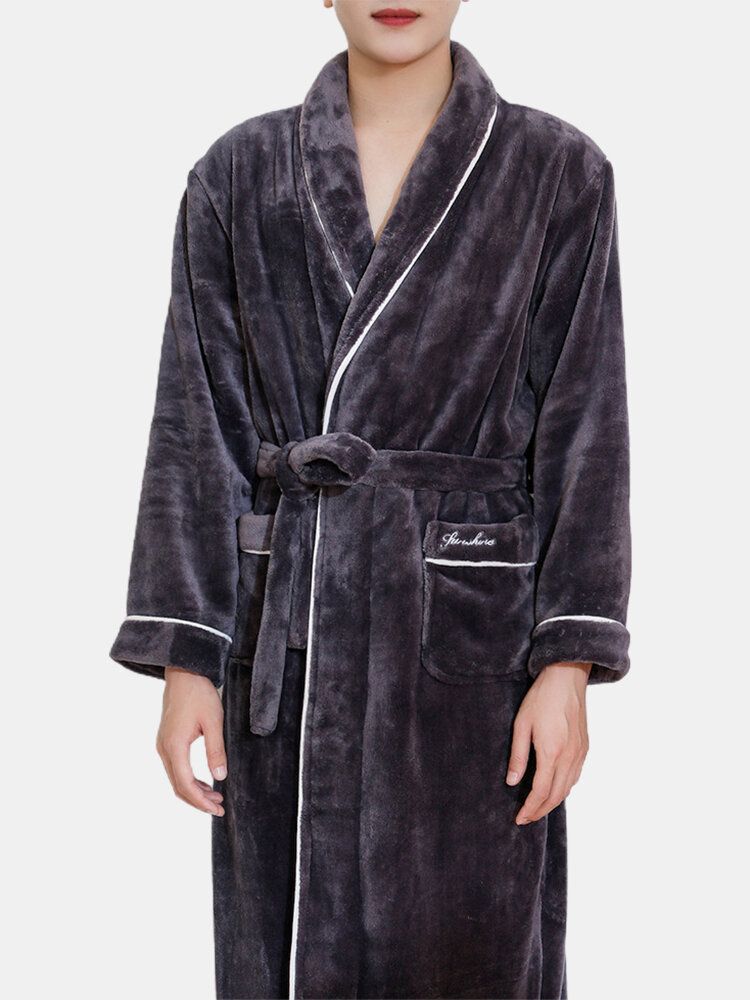 Mens Flannel Revers Double Pocket Warm Belted Robes With Contrast Binding