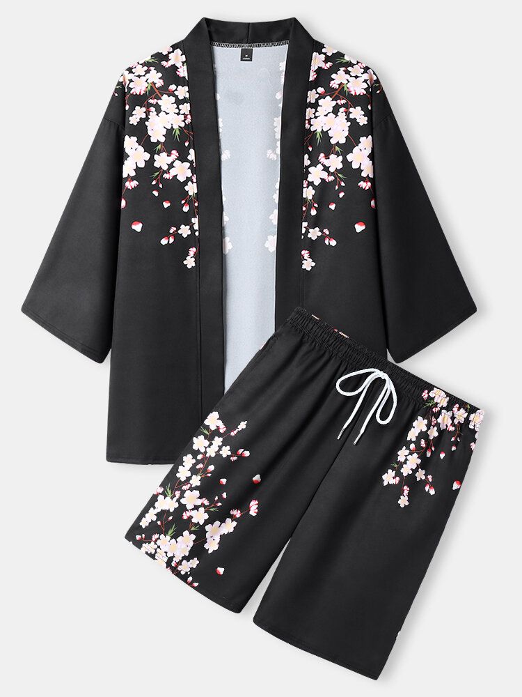 Mens Floral Print Open Front Kimono Loose Two Pieces Outfits