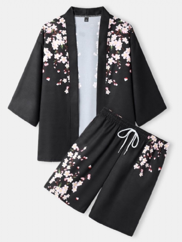 Mens Floral Print Open Front Kimono Loose Two Pieces Outfits