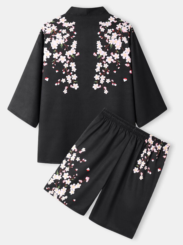 Mens Floral Print Open Front Kimono Loose Two Pieces Outfits