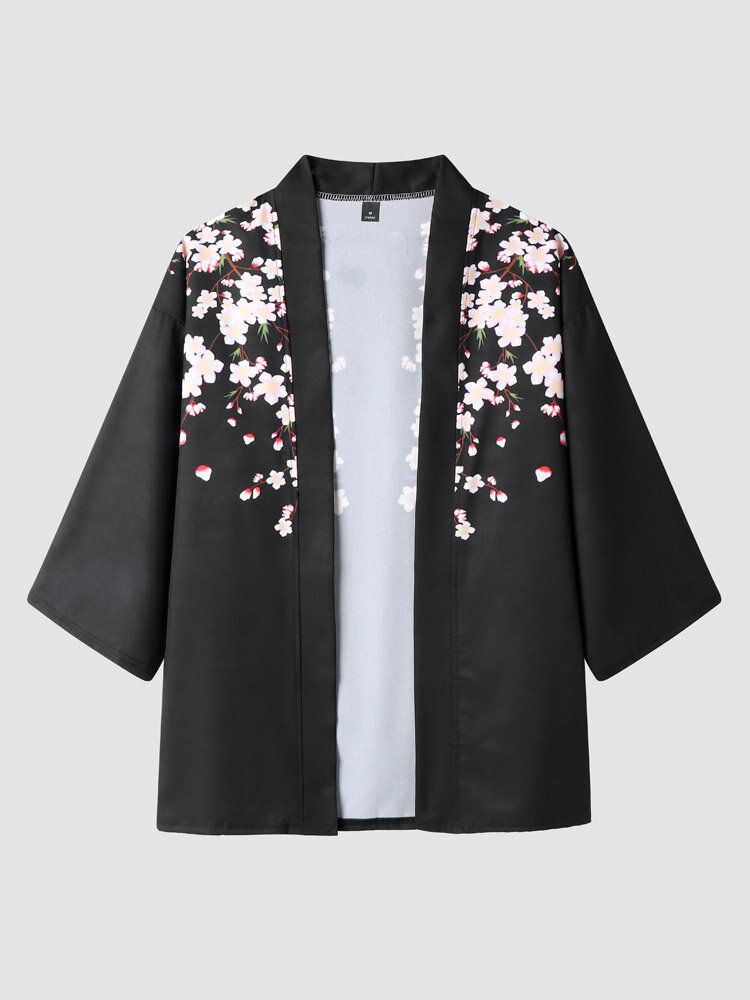 Mens Floral Print Open Front Kimono Loose Two Pieces Outfits