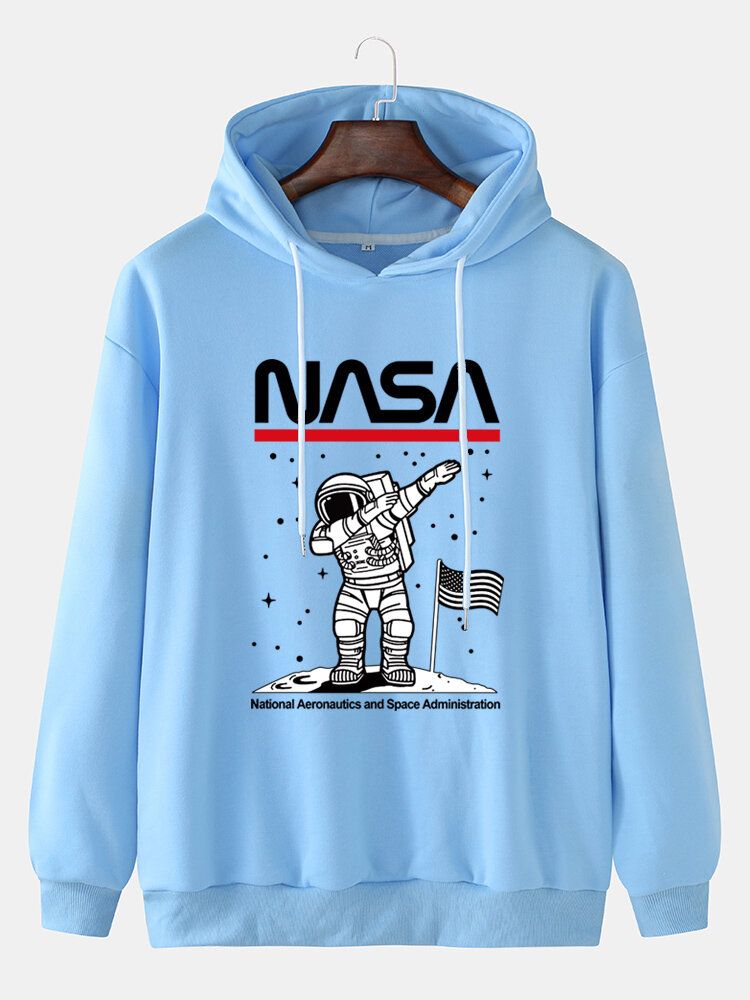 Mens Funny Astronaut Print Drop Shoulder Cotton Casual Hoodies