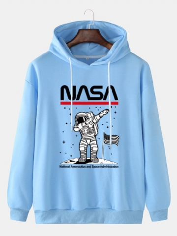 Mens Funny Astronaut Print Drop Shoulder Cotton Casual Hoodies