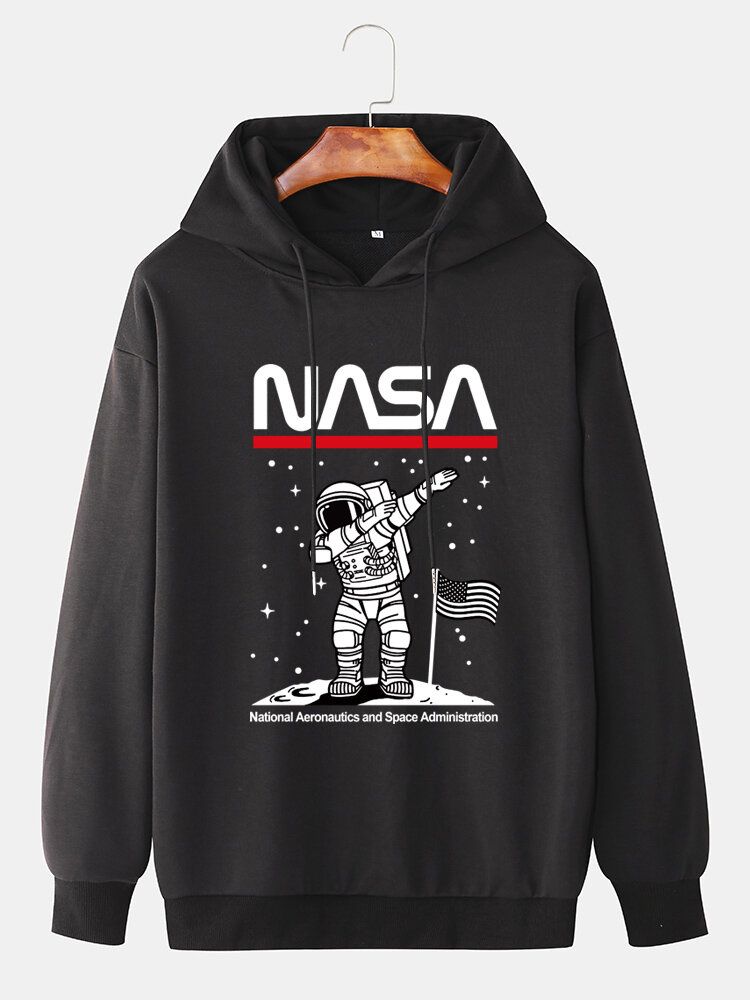 Mens Funny Astronaut Print Drop Shoulder Cotton Casual Hoodies