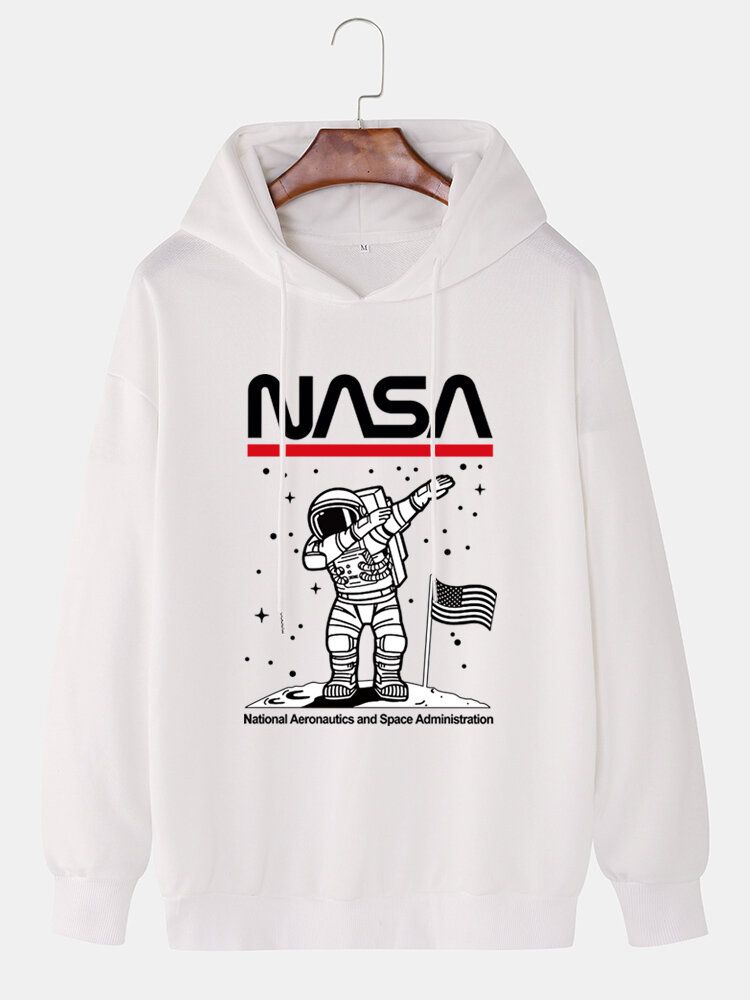 Mens Funny Astronaut Print Drop Shoulder Cotton Casual Hoodies