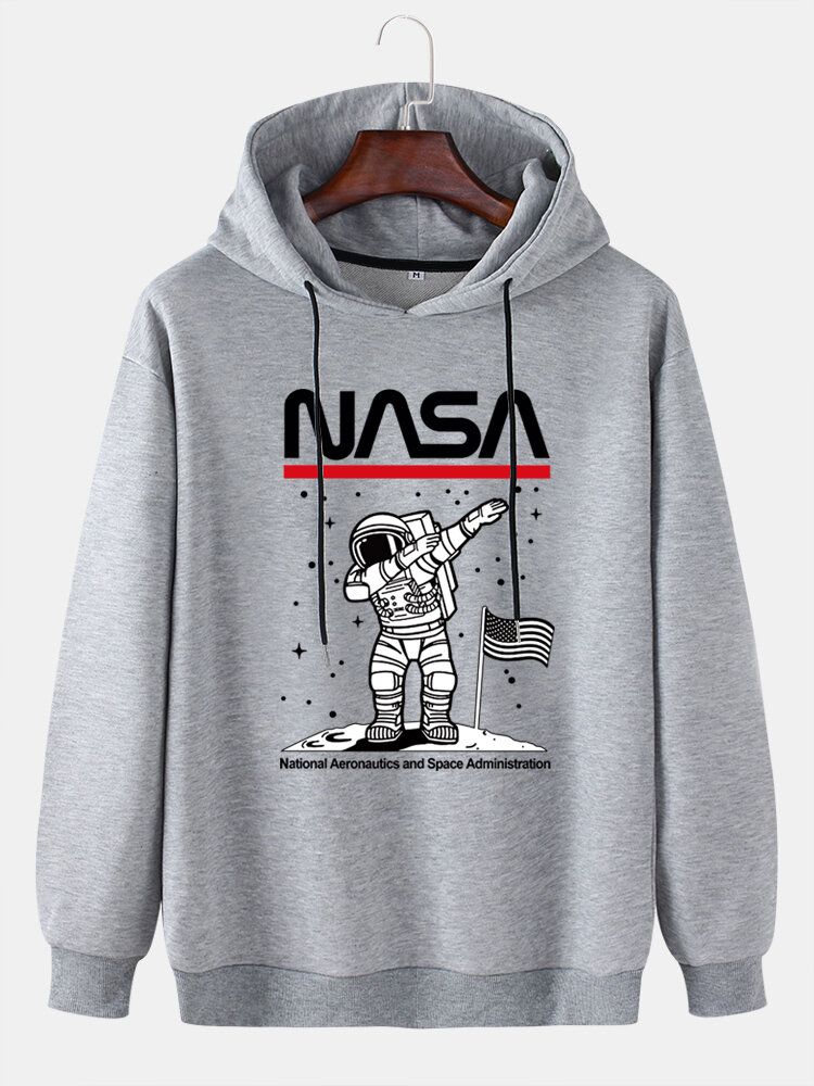 Mens Funny Astronaut Print Drop Shoulder Cotton Casual Hoodies