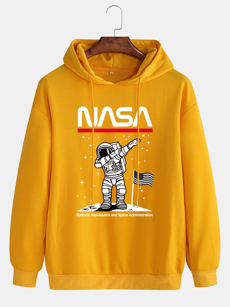 Mens Funny Astronaut Print Drop Shoulder Cotton Casual Hoodies