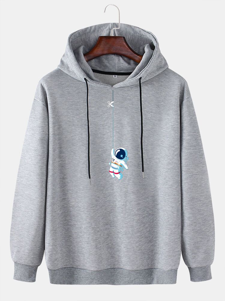 Mens Funny Cute Astronaut Print Solid Pull Casual Hoodie