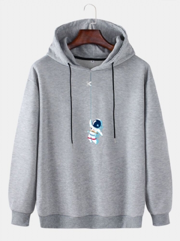 Mens Funny Cute Astronaut Print Solid Pull Casual Hoodie