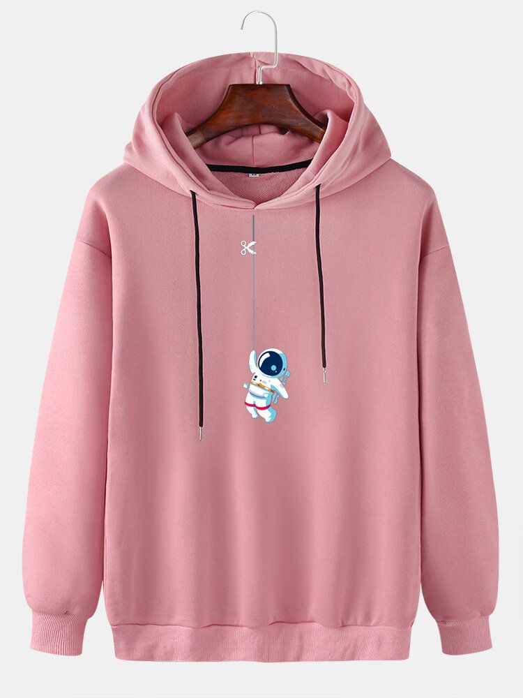 Mens Funny Cute Astronaut Print Solid Pull Casual Hoodie