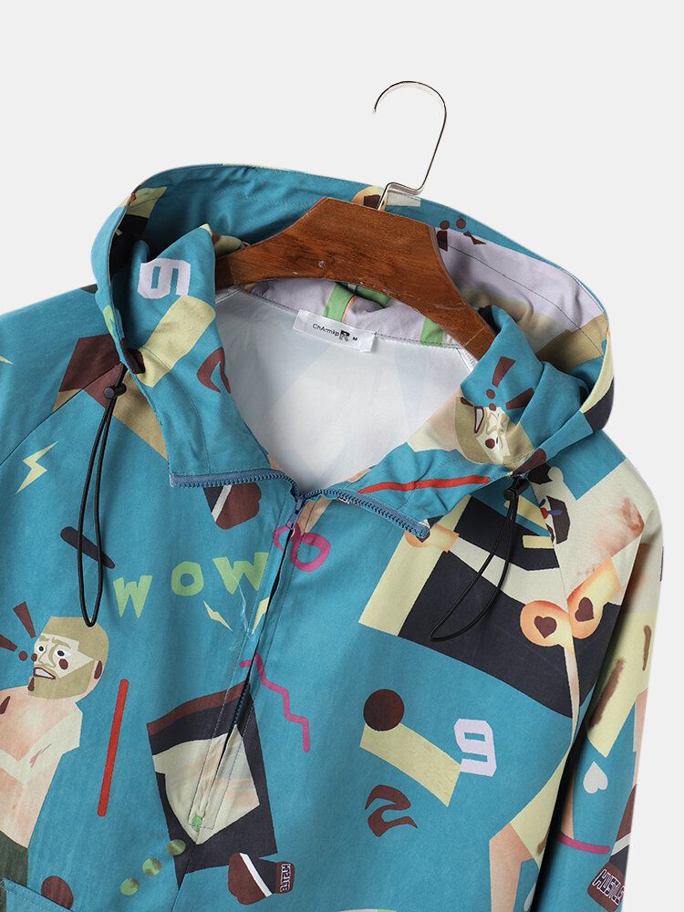 Mens Funny Figure Print Half Zipper Hoodie Veste Coupe-vent Portable