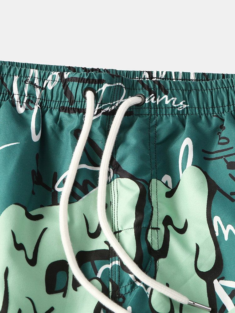 Mens Funny Graffiti Print Mesh Liner Quick Dry Holiday Casual Board Shorts