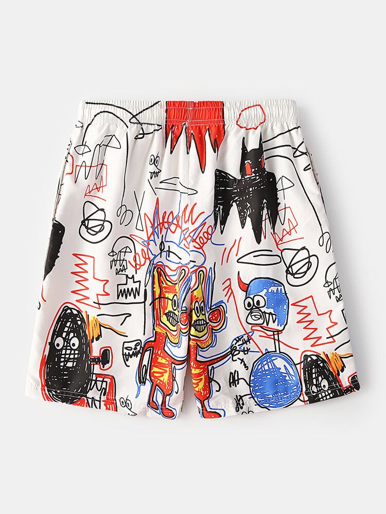 Mens Funny Graffiti Print Quick Dry Mesh Liner Pocket Casual Loose Board Shorts