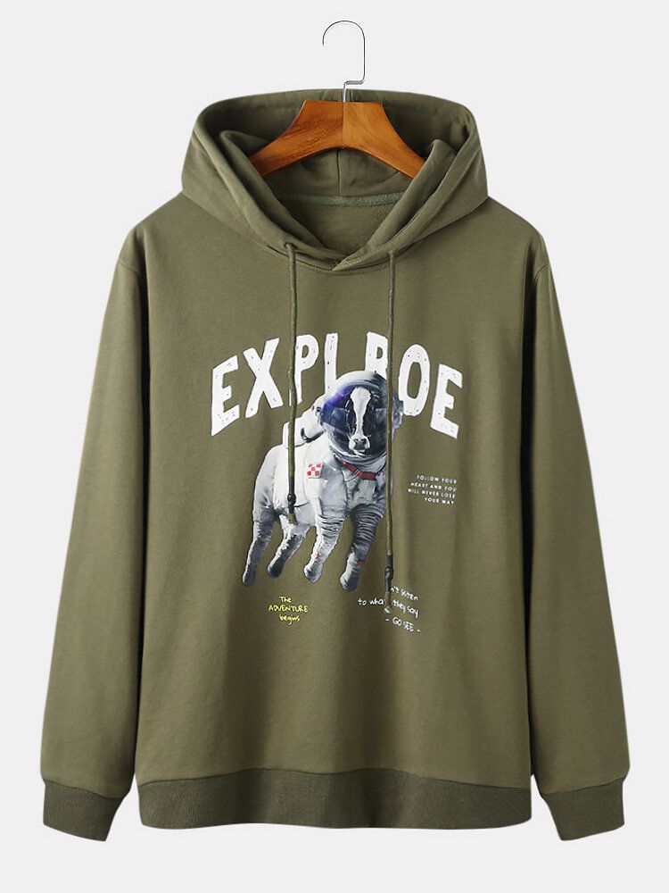 Mens Funny Space Dog Explore Print Sweat À Capuche À Manches Longues