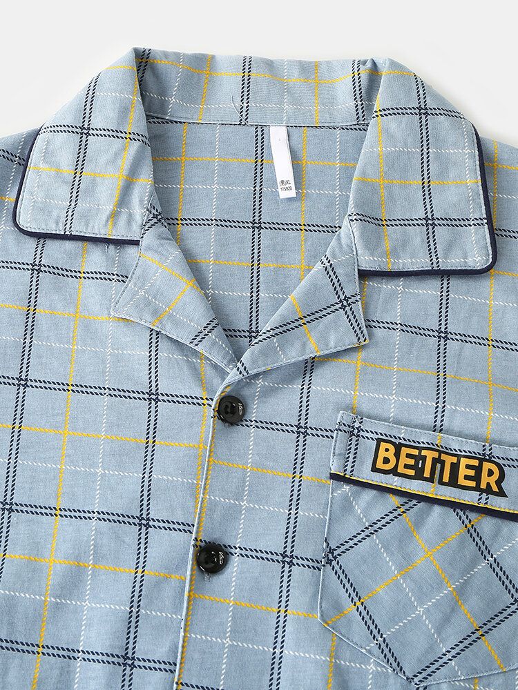 Mens Grid Letter Print Revere Collar Cotton Comfy Pyjamas Sets With Pocket