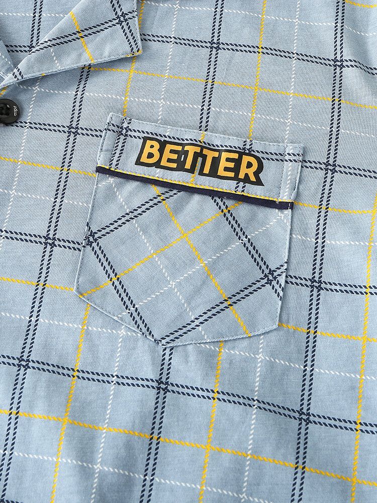 Mens Grid Letter Print Revere Collar Cotton Comfy Pyjamas Sets With Pocket