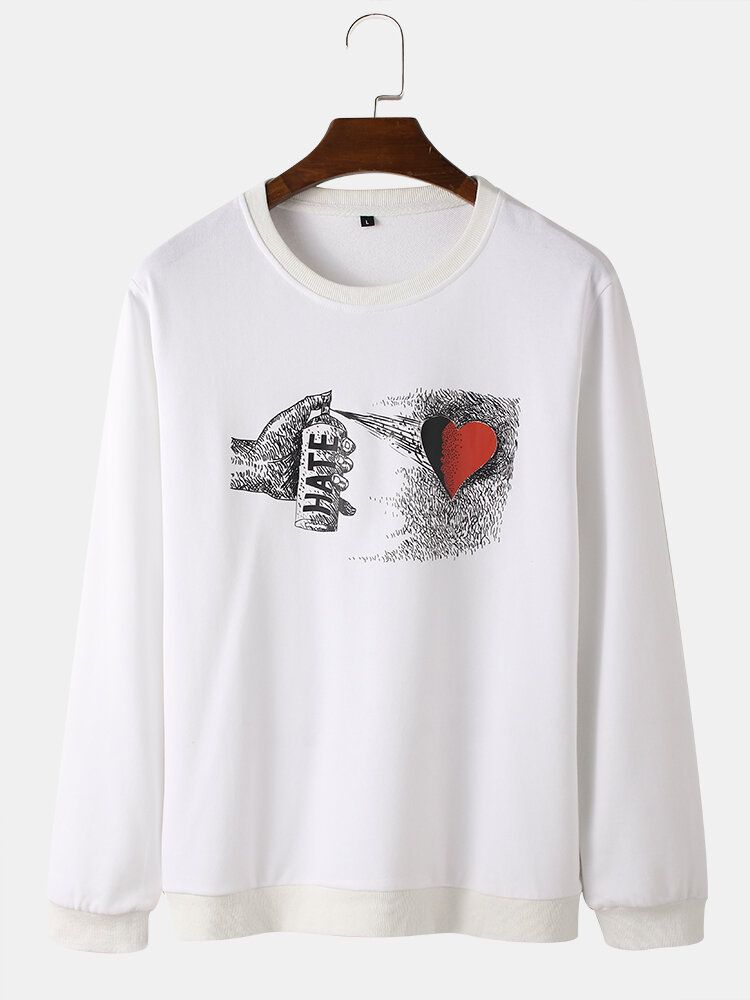 Mens Hate Heart Graphic Print Round Neck Cotton Street Sweatshirts