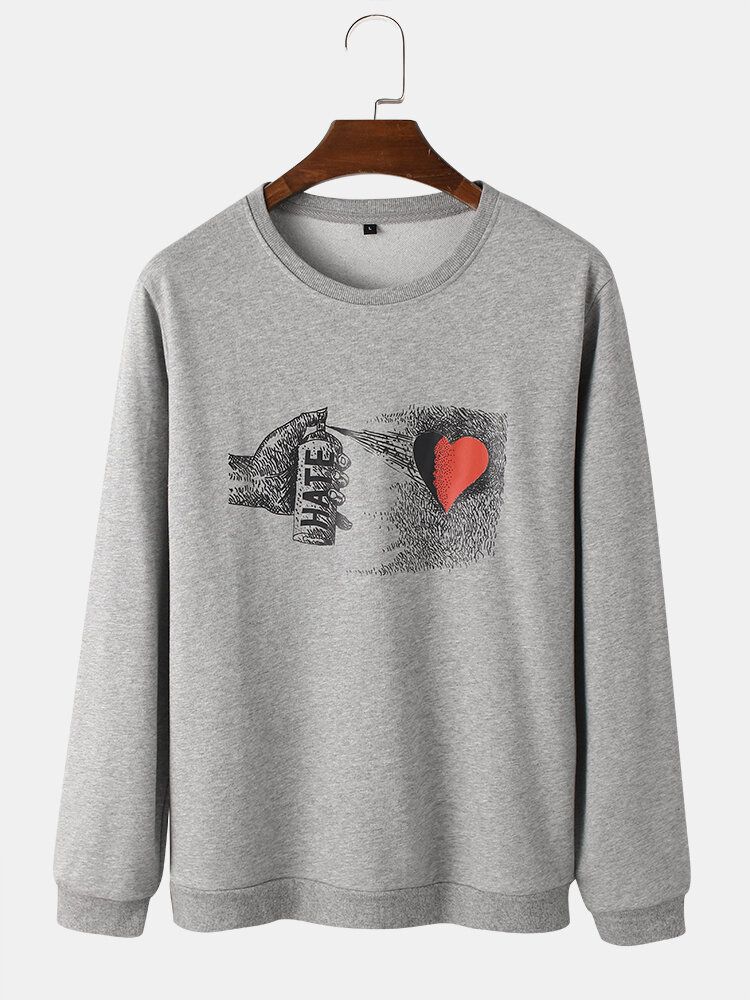 Mens Hate Heart Graphic Print Round Neck Cotton Street Sweatshirts